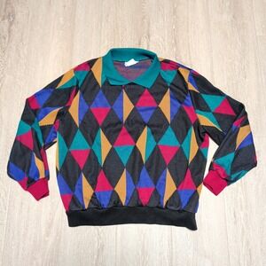 Vintage 90s Cricket Lane‎ Harlequin Diamond Knit Polo Sweater Multi Color Mens L